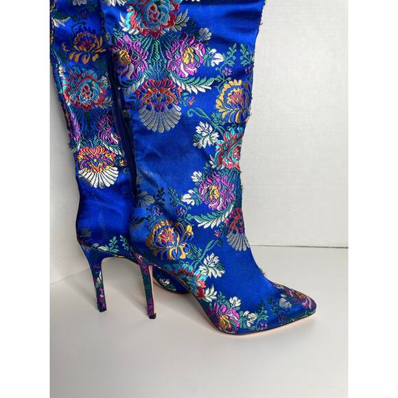 Fashion Nova Blue Metallic Thigh High Pointed Toe Floral Heels Size 8 - Picture 8 of 9